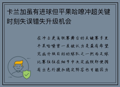 卡兰加虽有进球但平果哈嘹冲超关键时刻失误错失升级机会 卡兰加虽有进球但平果哈嘹冲超关键时刻失误错失升级机会