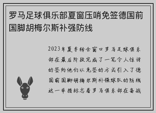 罗马足球俱乐部夏窗压哨免签德国前国脚胡梅尔斯补强防线